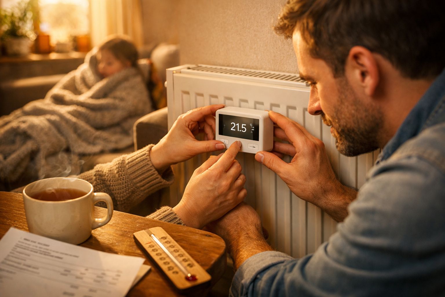 Mão instala tomada inteligente numa parede, com um comando remoto. Ao lado, uma chávena fumegante e documentos.
