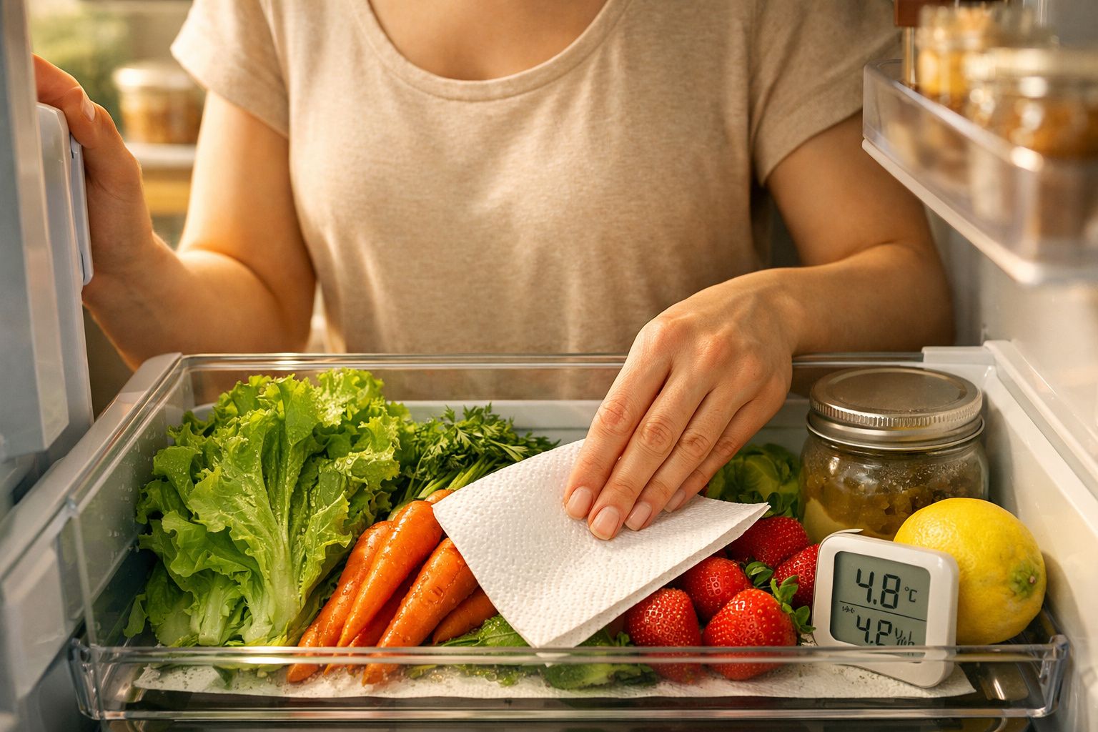 Pessoa organiza legumes e frutas no frigorífico, com temperatura indicada de 4,8°C e um frasco ao lado.