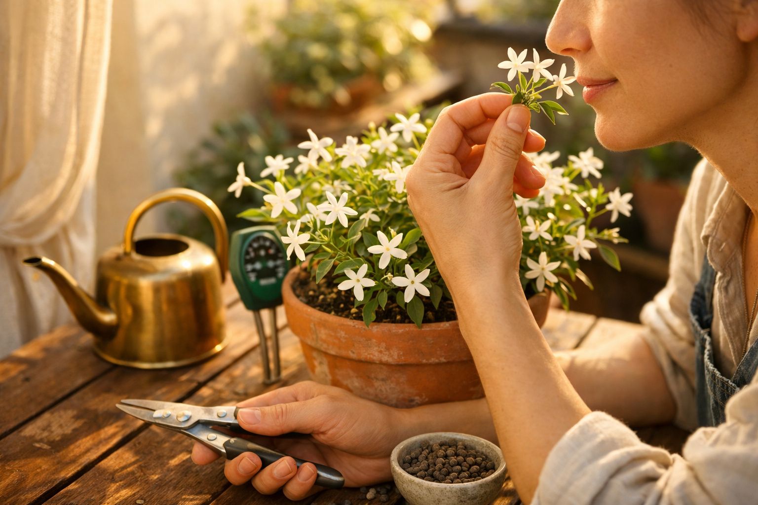 Mulher cheira flores brancas em vaso num jardim, com regador e tesoura ao lado.