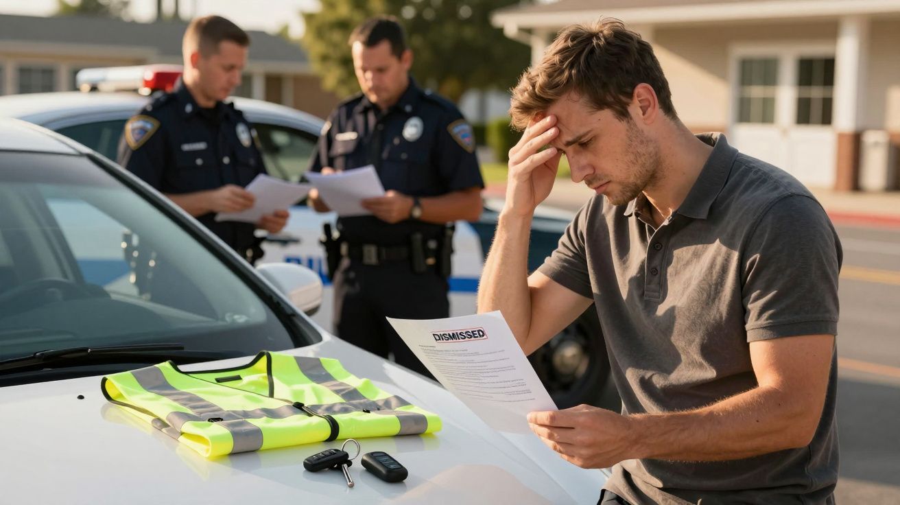 Homem preocupado lê documento junto a carro de polícia com dois agentes ao fundo. Colete e chaves sobre o capô.