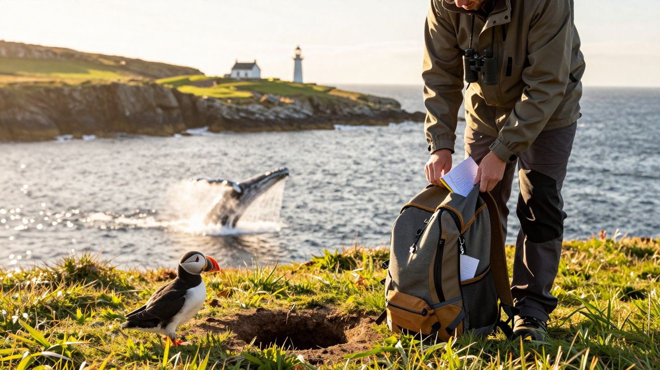 Homem junto a mochila, papagaio-do-mar e buraco na relva. Baleia salta ao fundo com farol e casa na ilha.