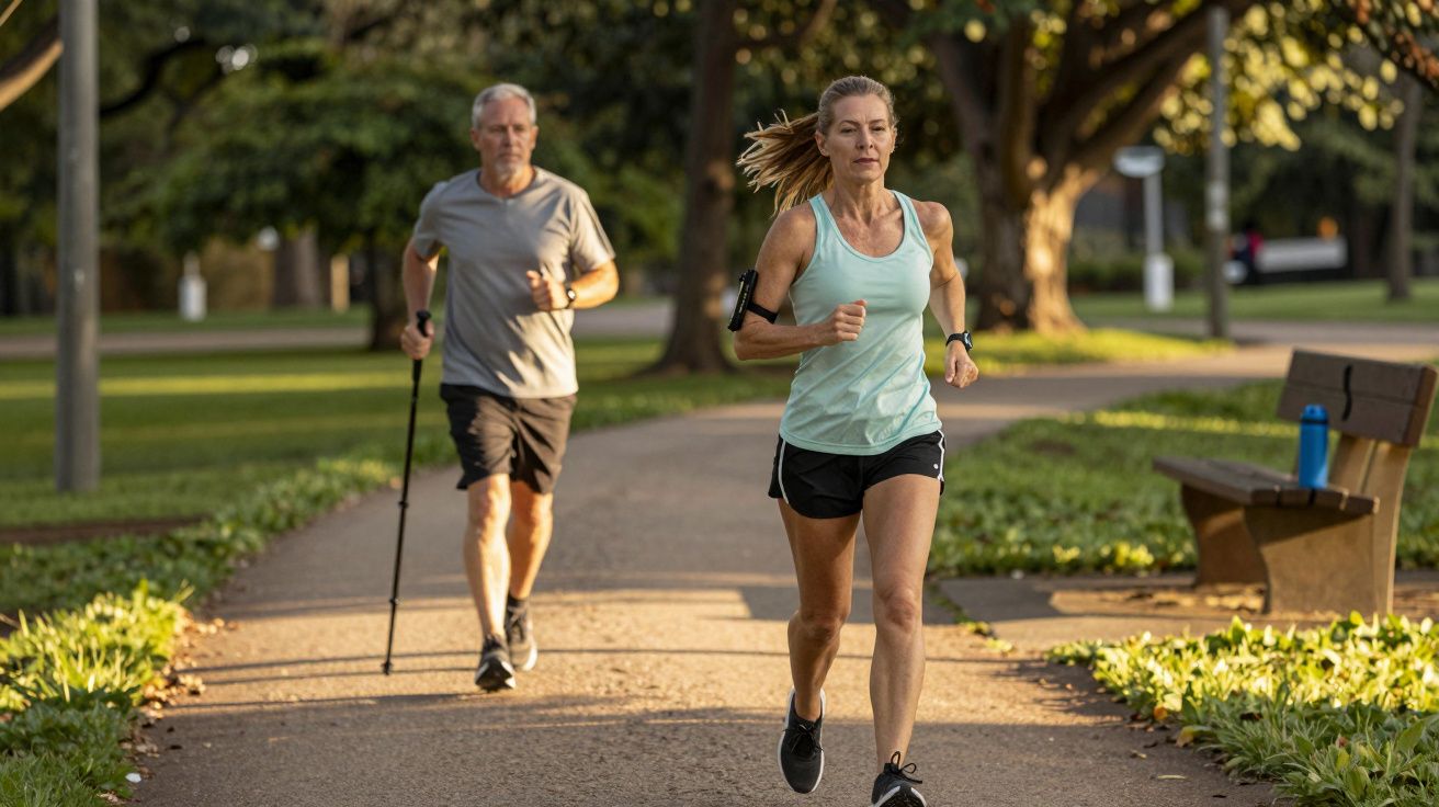 Mulher a correr num parque, seguida por um homem a andar com bastões. Ambiente verdejante e ensolarado.