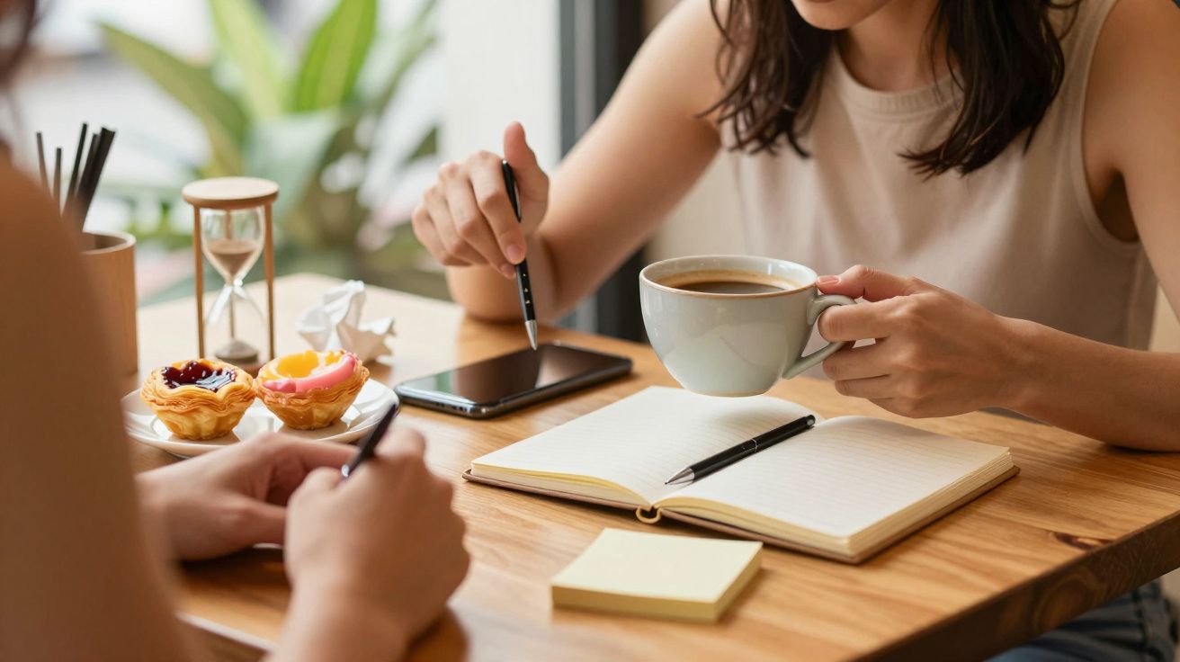Duas pessoas conversam numa mesa com café, bloco de notas, bolos e ampulheta.