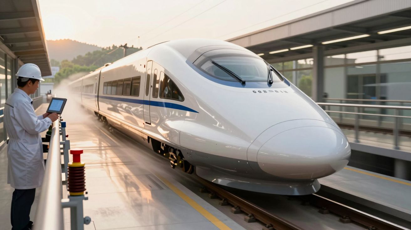 TGV branco em movimento numa estação, com um técnico de capacete a usar um tablet.