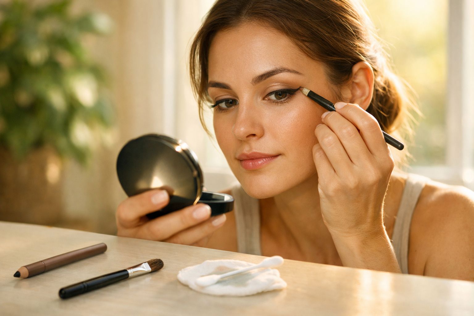 Mulher aplica sombra nos olhos com pincel, usando espelho de mão, em ambiente iluminado com sombra verde ao fundo.