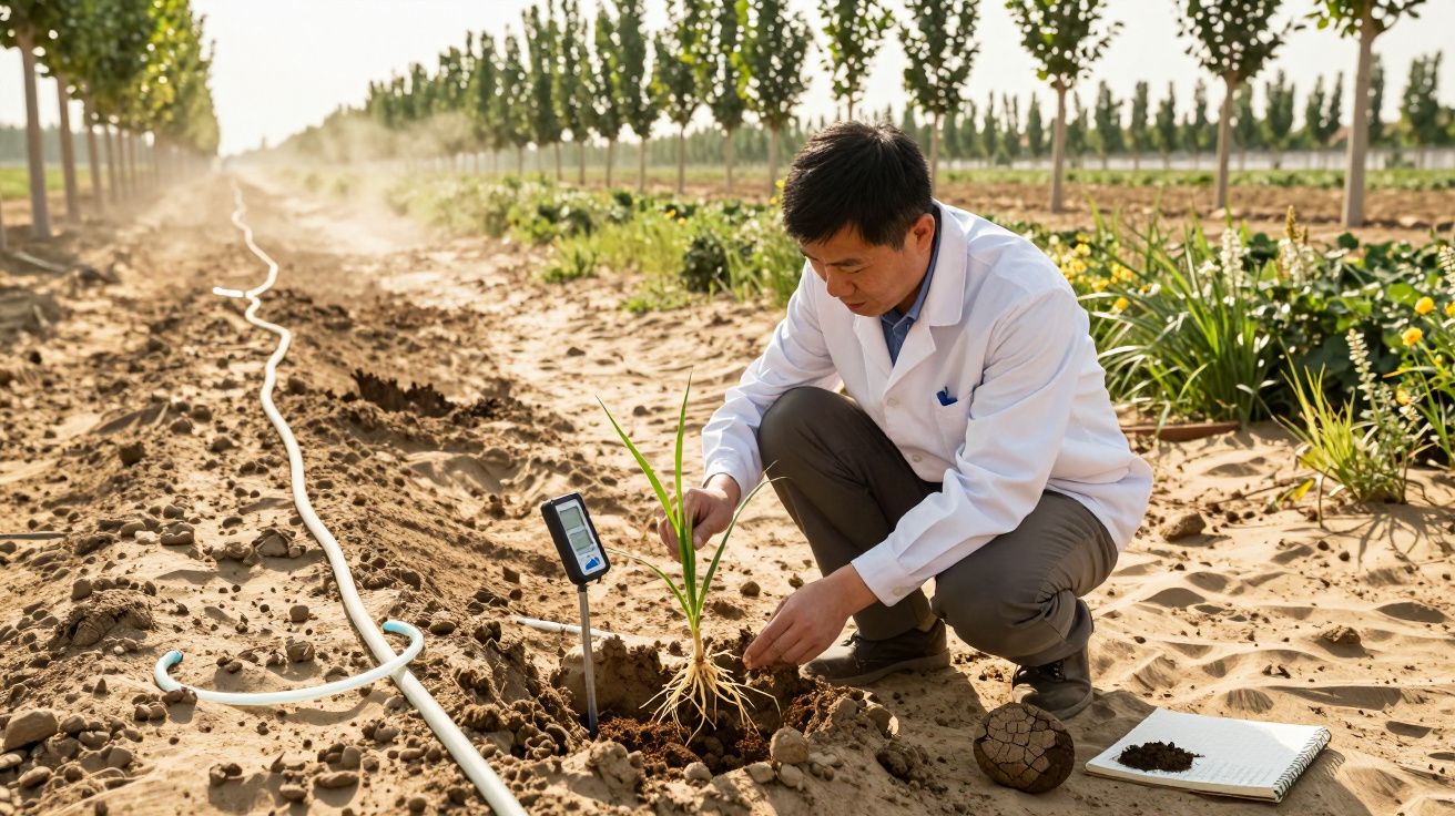 Homem analisa planta em campo agrícola, usando equipamento de medição. Notas e solo ao lado dele.