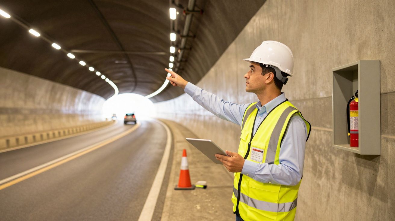 Engenheiro de segurança aponta em túnel enquanto segura um tablet, veste colete refletor e capacete.