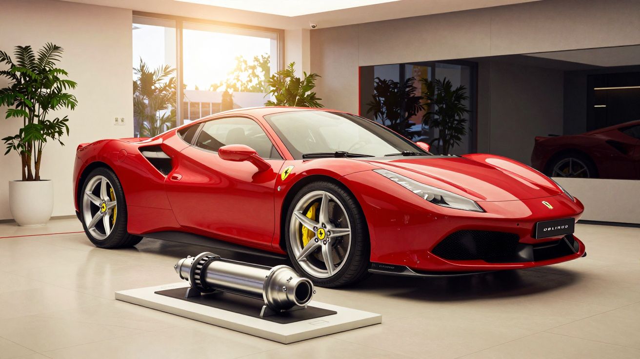 Carro desportivo vermelho em exposição em showroom moderno com piso claro e plantas ao fundo.