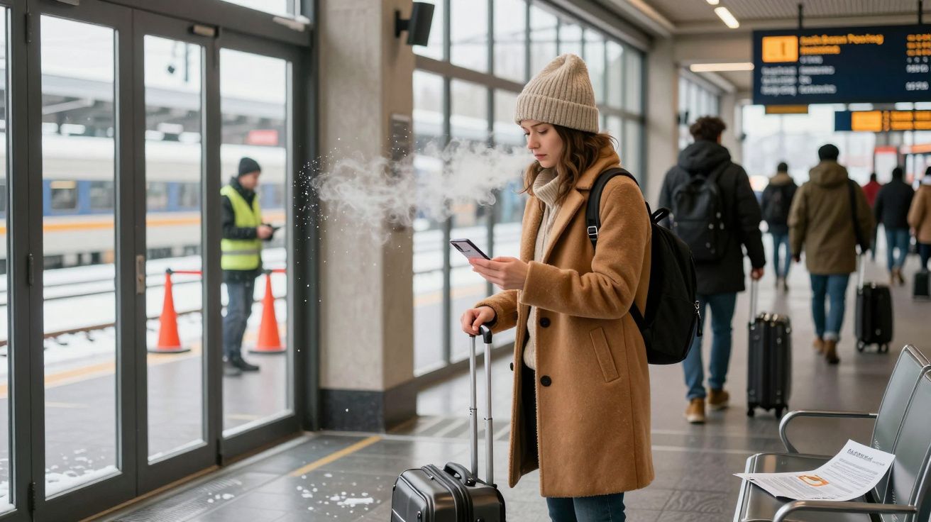 Mulher com casaco bege e gorro usa telemóvel numa estação de comboios, segurando uma mala de viagem preta.