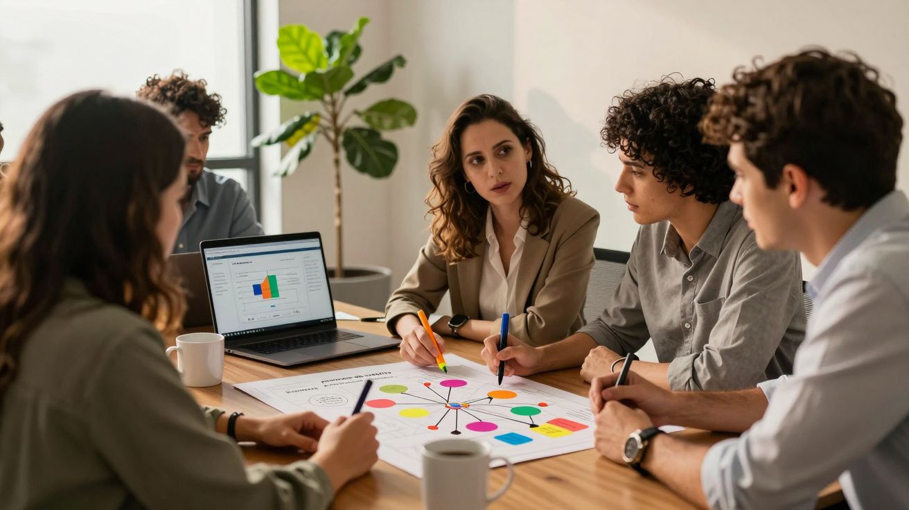 Grupo de pessoas em reunião, discutindo gráficos coloridos sobre a mesa, com um portátil ao fundo.