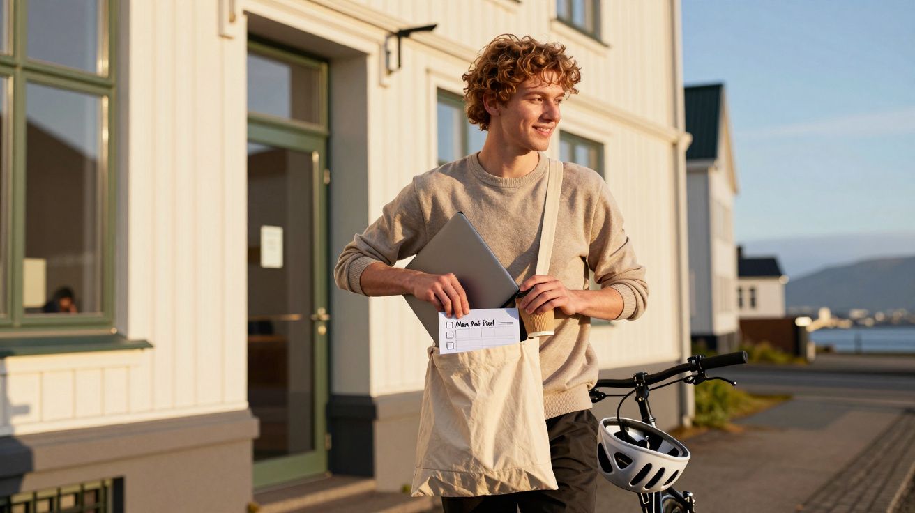 Jovem com cabelo encaracolado segurando um portátil numa bolsa ao lado de uma bicicleta, num ambiente urbano.