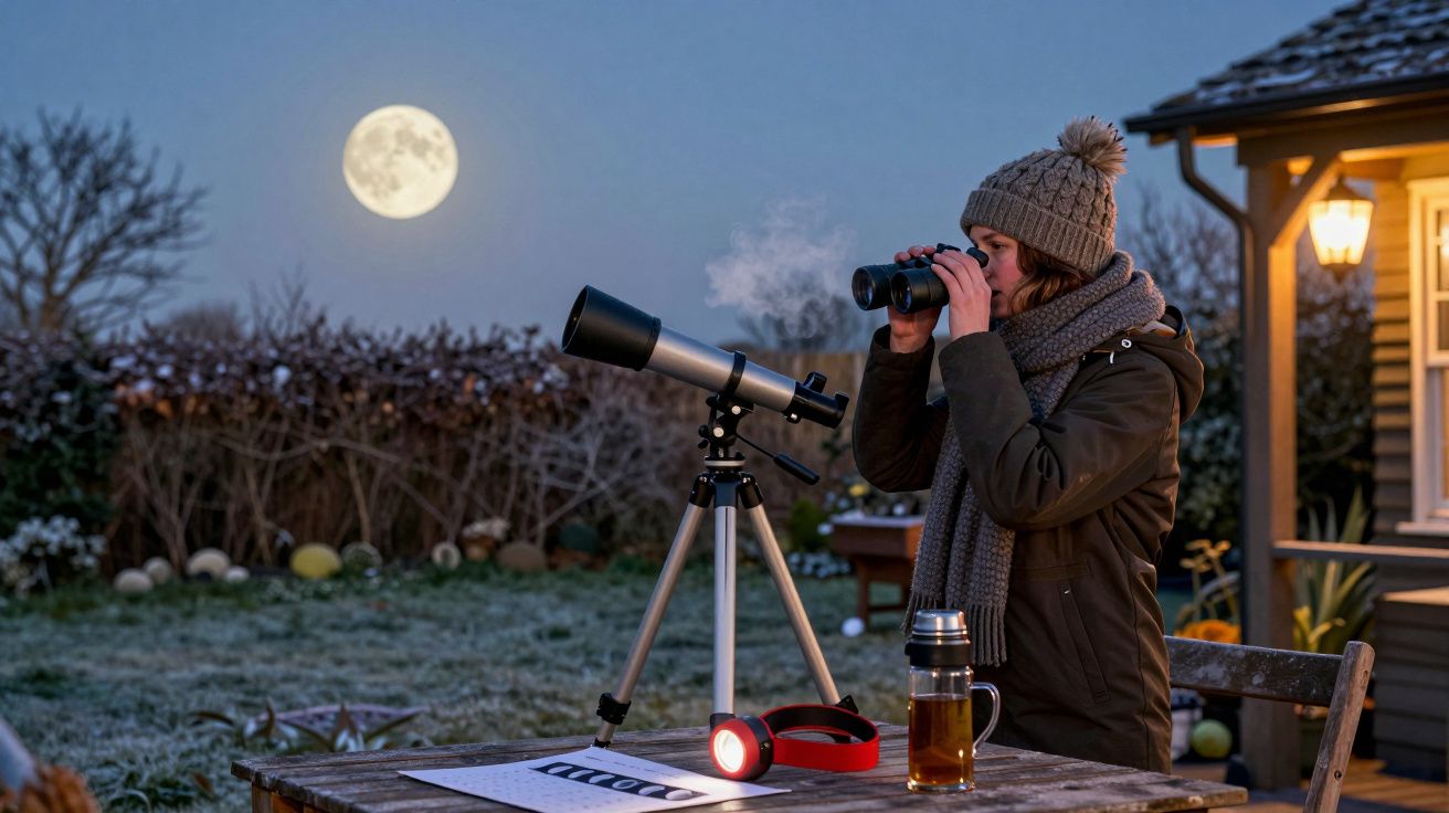 Mulher observando a lua cheia com binóculos ao lado de um telescópio num jardim à noite.