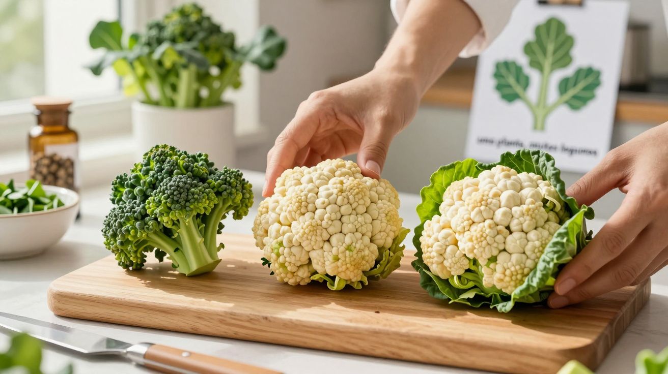 Mãos a organizar couves-flores e brócolos sobre uma tábua de madeira numa cozinha iluminada.