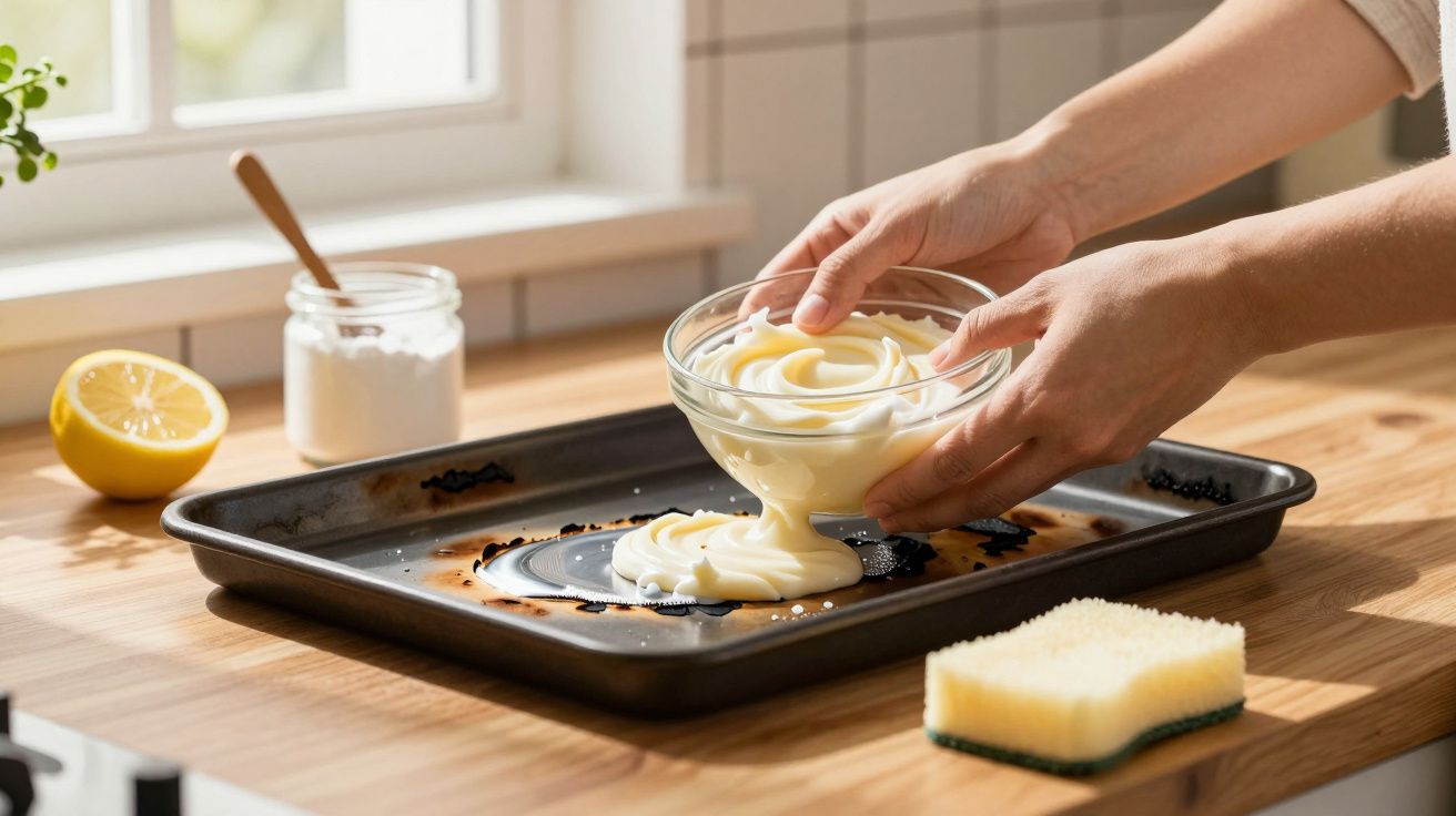 Mãos aplicando creme de limpeza em tabuleiro sujo na cozinha, com limão, bicarbonato e esponja ao lado.