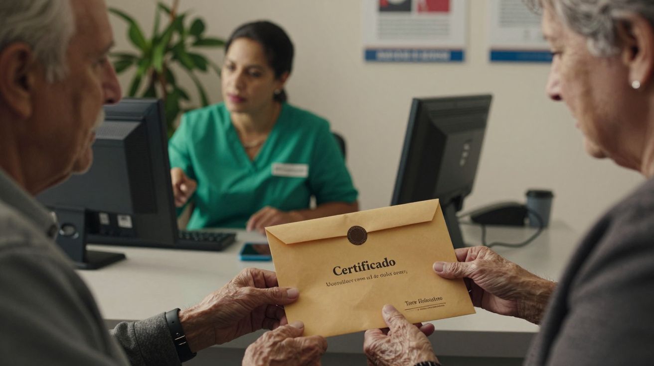 Idosos seguram um envelope de certificado, atendidos por uma funcionária vestida de verde num balcão de atendimento.