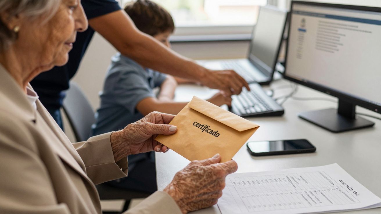 Idosa segura envelope com certificado numa sala de aula com computador ao fundo.
