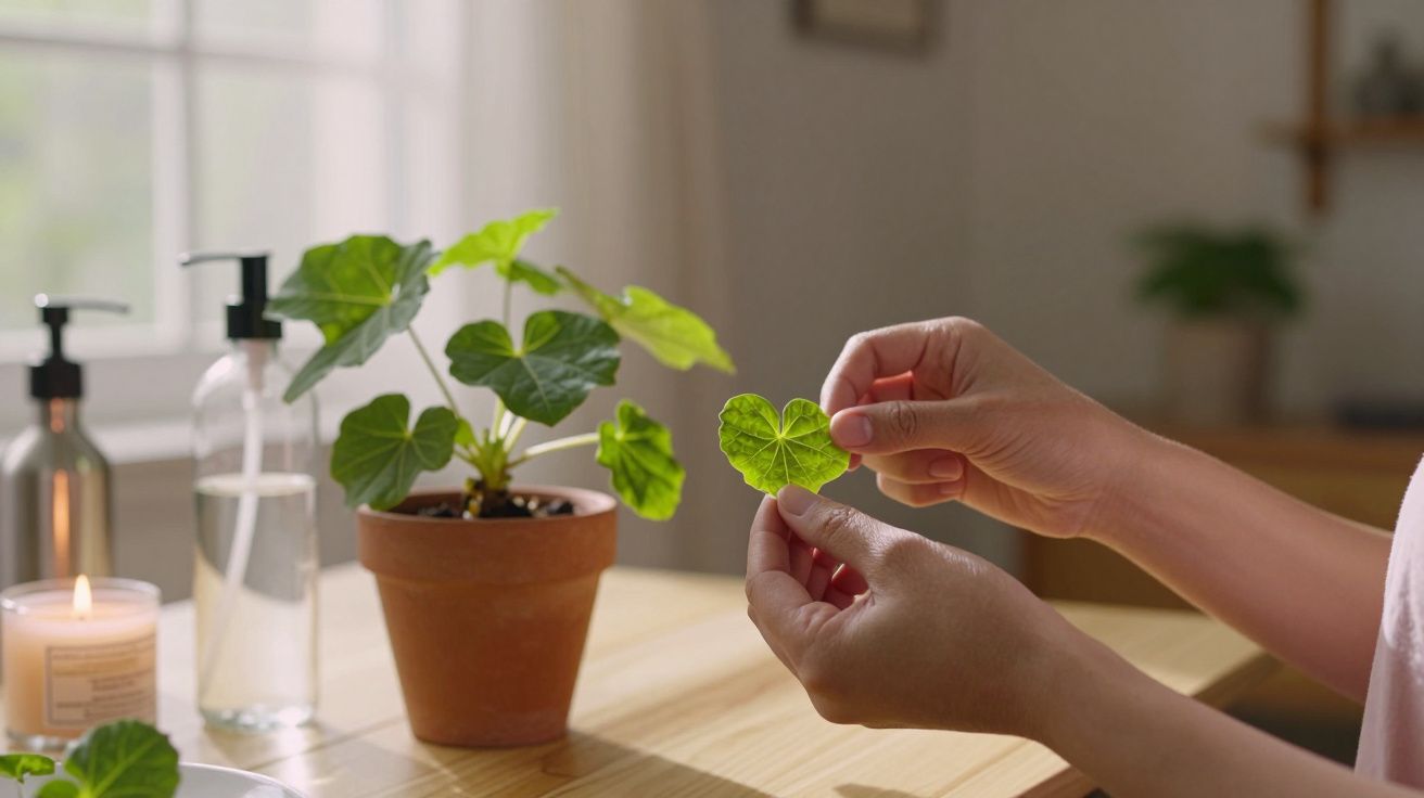 Pessoa segurando folha de planta num vaso, com luz natural entrando pela janela.