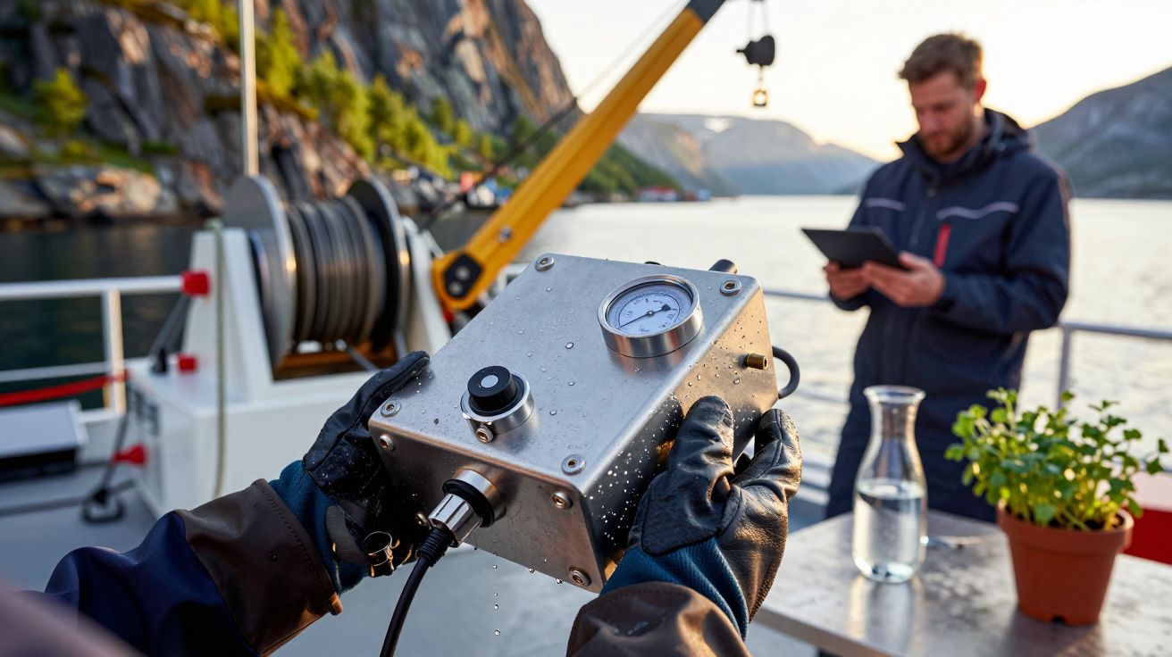 Pessoa num barco segura dispositivo com mostrador; outra pessoa lê tablet ao fundo.
