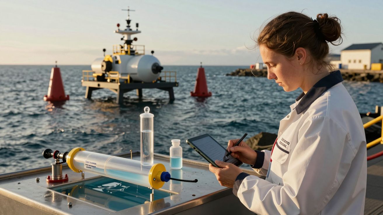 Cientista recolhe dados numa plataforma marítima, segurando um tablet ao lado de equipamentos de pesquisa e boias no oceano.