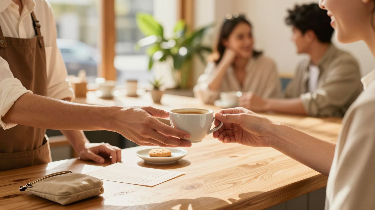 Pessoa a entregar chávena de café a outra em balcão de café, com duas pessoas ao fundo a conversar.