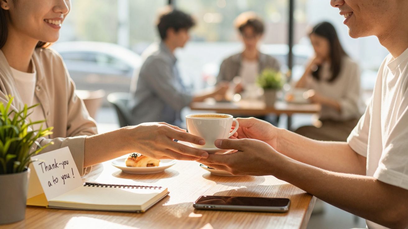 Duas pessoas a conversar num café, segurando uma chávena de café. Ao fundo, outras pessoas sentadas.