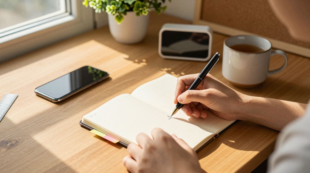 Pessoa escreve num caderno numa secretária com smartphone, chávena e planta ao lado de uma janela iluminada pelo sol.
