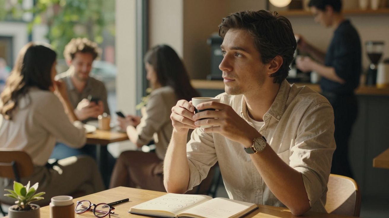Homem sentado em café, segurando uma chávena e olhando pela janela. Pessoas conversam ao fundo. Caderno aberto à frente.