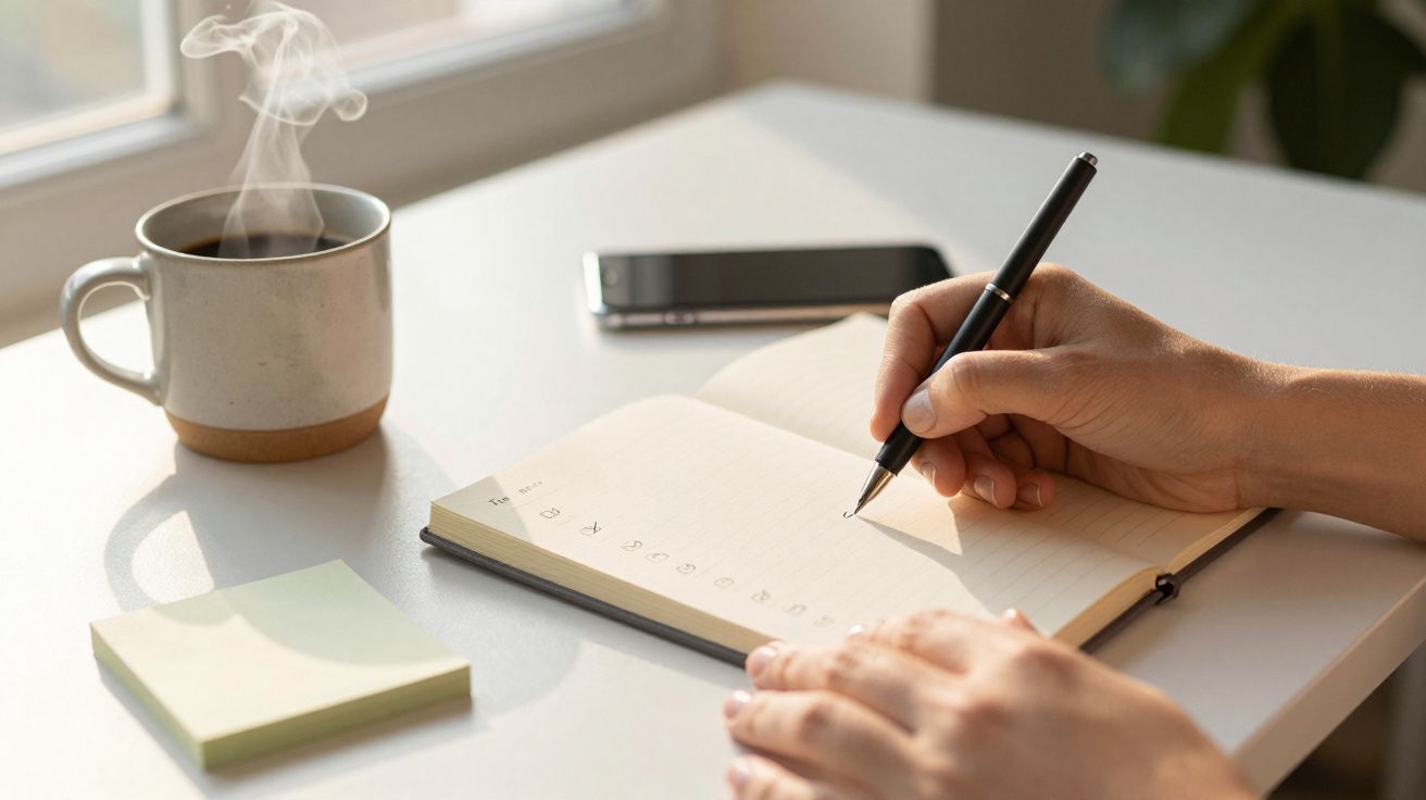 Pessoa escreve num caderno em mesa com café, telemóvel e notas adesivas.