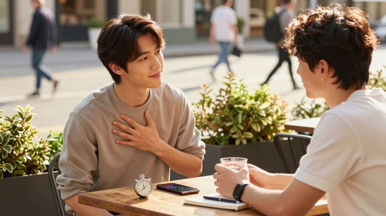 Dois homens conversam num café ao ar livre, um com a mão no peito, enquanto outro segura um copo de água.