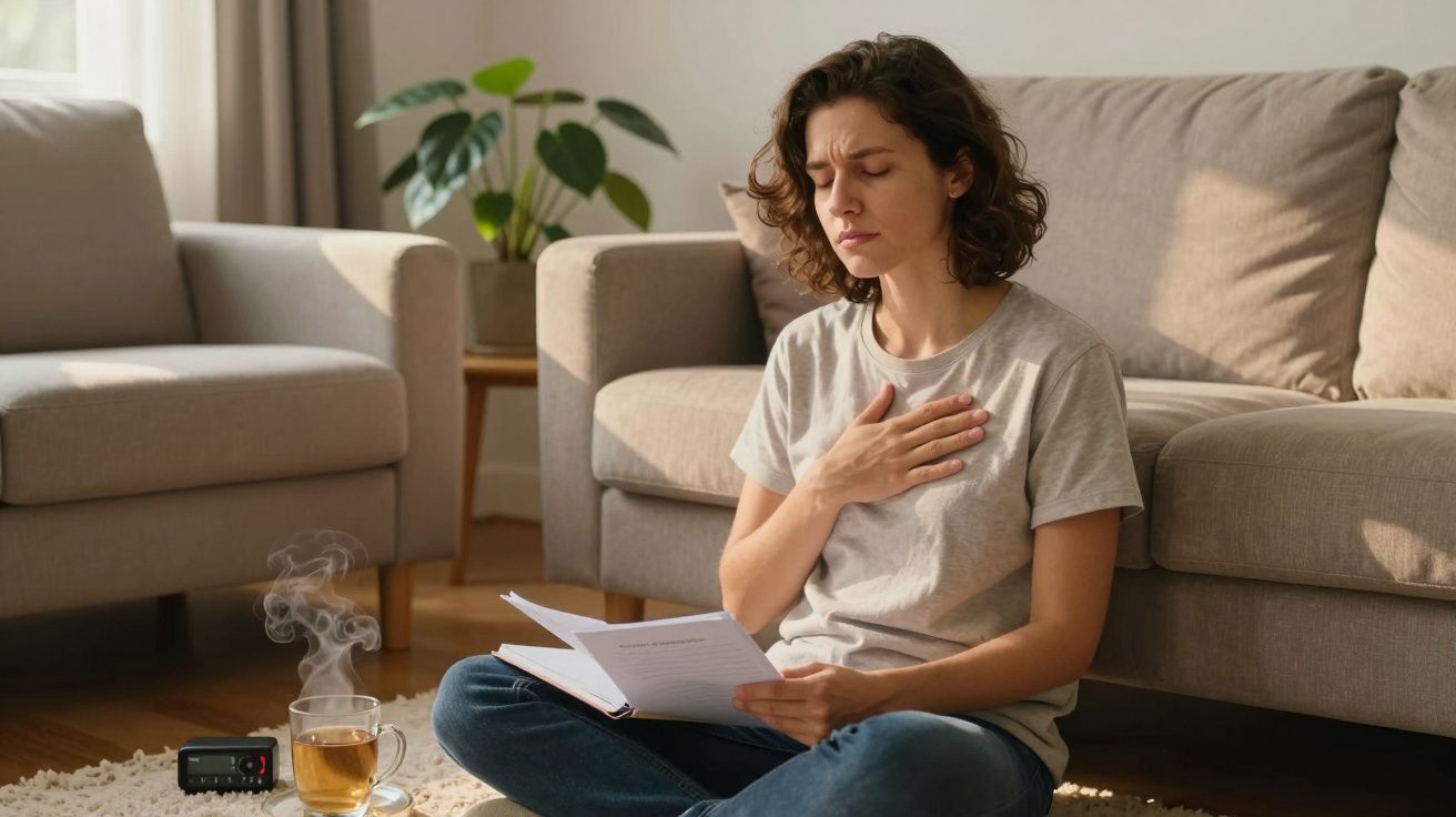 Mulher sentada no chão da sala, segurando o peito e um livro, com chá e termômetro ao lado.