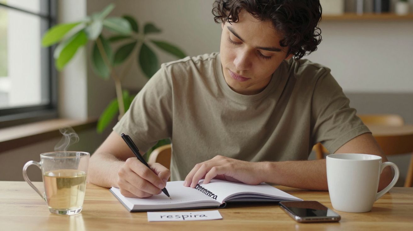 Jovem escreve num caderno na mesa com chá e café, junto a uma janela. Há uma nota que diz "respira".