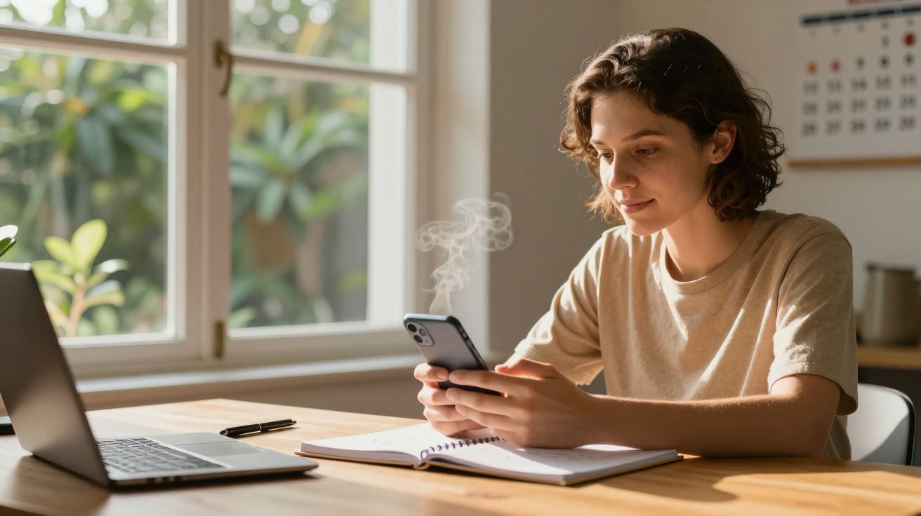 Pessoa sentada à secretária com smartphone na mão, laptop ao lado, e janela com sol ao fundo.