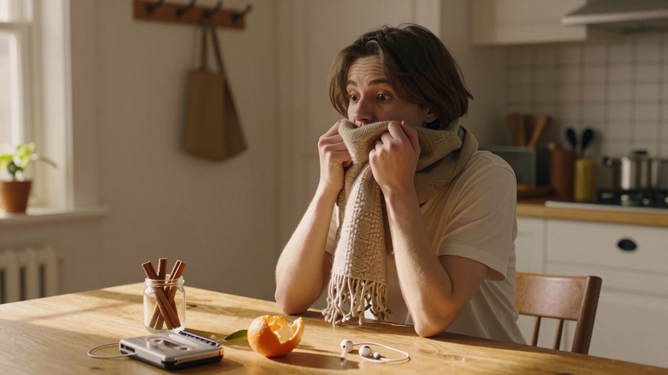 Homem sentado à mesa da cozinha, usando cachecol, com tangerina, auriculares e bloco de notas ao lado.