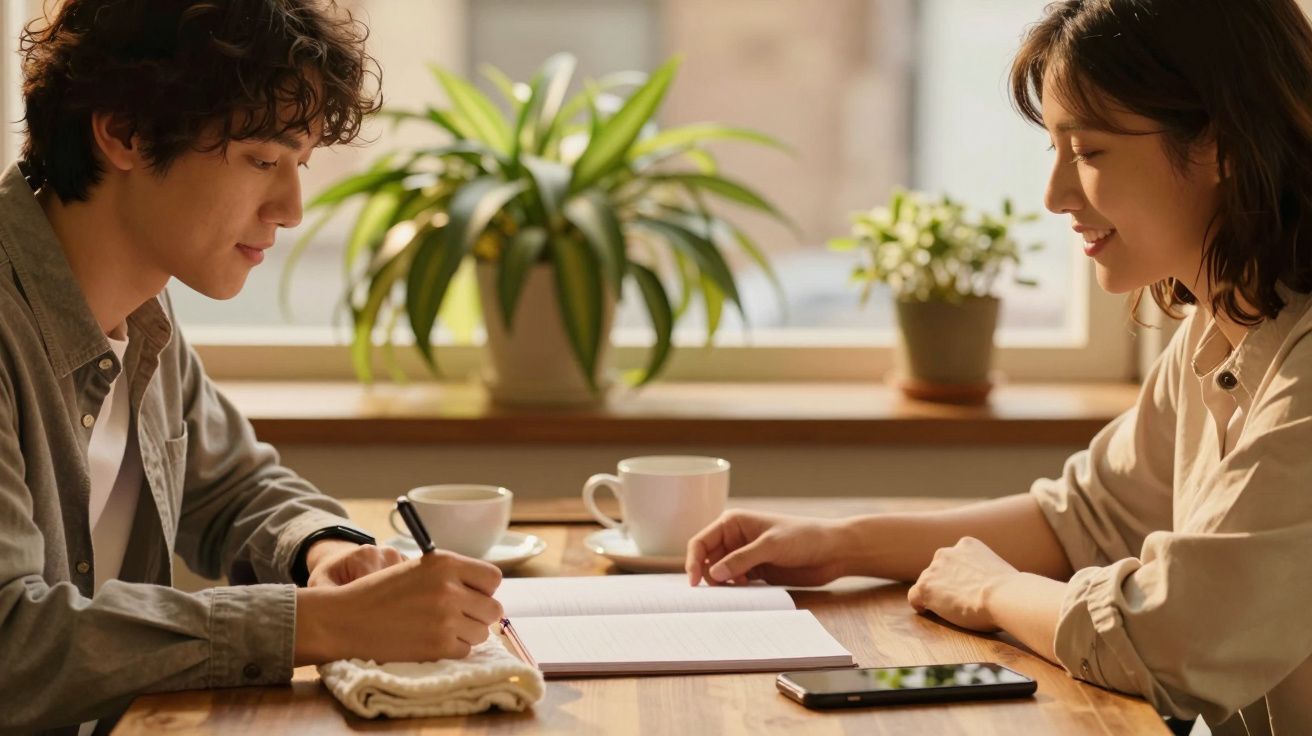 Dois jovens sentados à mesa, escrevendo num caderno, com chávena e plantas ao fundo.