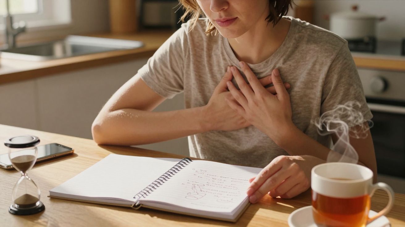 Mulher com as mãos no peito, sentada à mesa com chá, bloco de notas, ampulheta e telemóvel na cozinha.