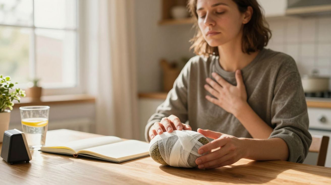 Mulher pensativa com a mão no peito, sentada a uma mesa com um livro e bebida, segurando objeto embrulhado.