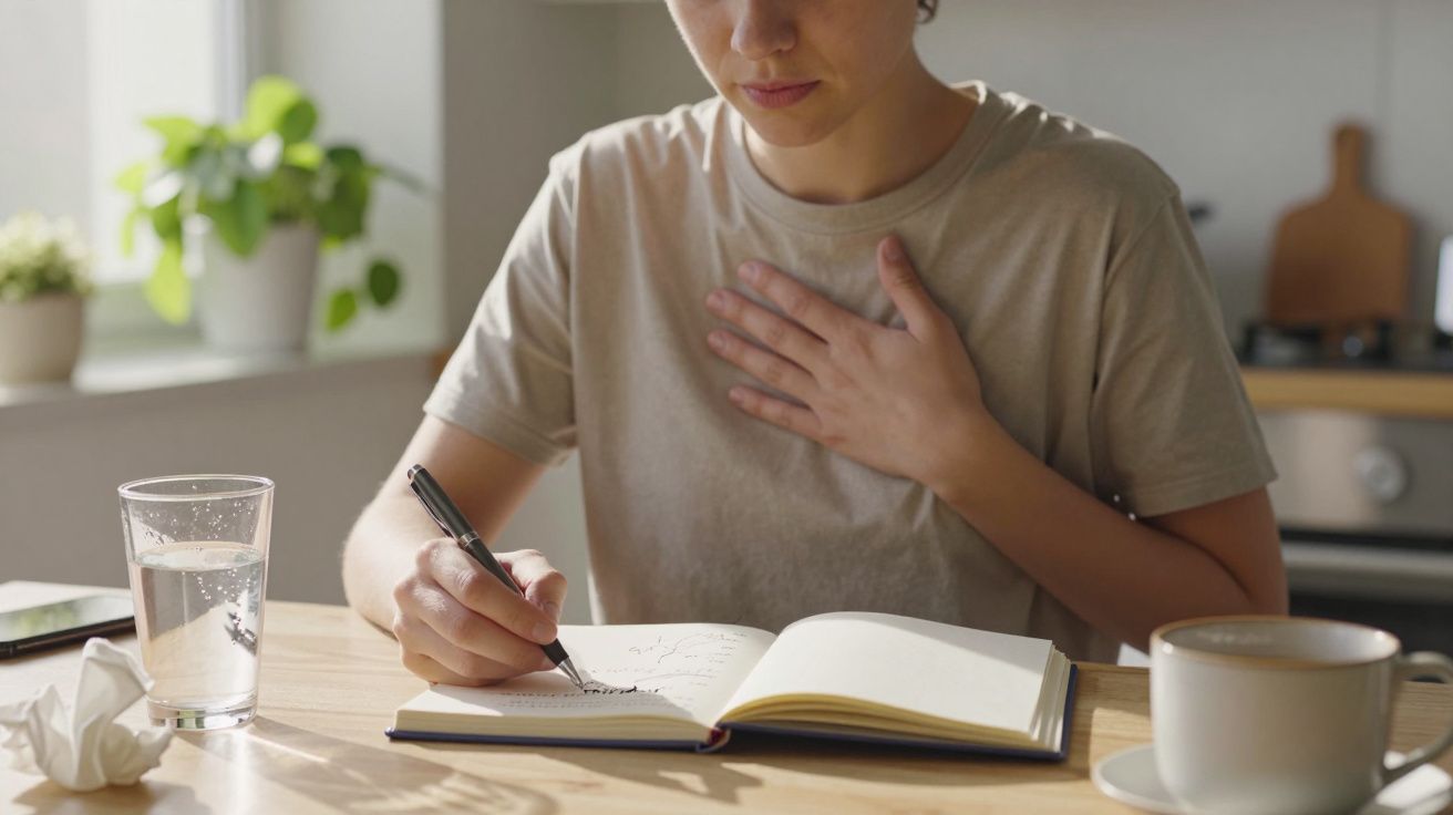 Pessoa a escrever num caderno com uma mão no peito, sentada numa mesa com copo de água, chávena e fundo de cozinha.
