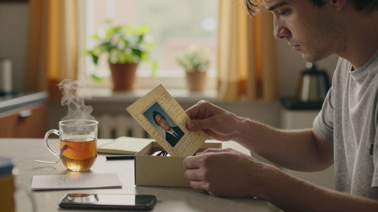 Homem sentado à mesa, a segurar uma foto antiga, com chá fumegante e smartphone ao lado.
