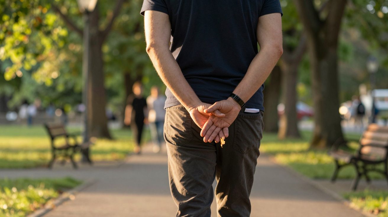 Pessoa a caminhar num parque ensolarado, com mãos cruzadas atrás das costas. Árvores e bancos ao fundo.