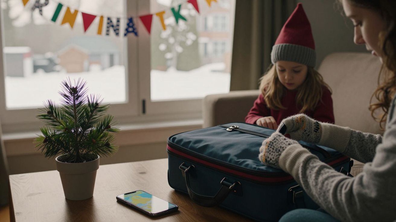 Mulher e criança arrumam mala ao lado de telemóvel e planta, perto de janela com paisagem de inverno.