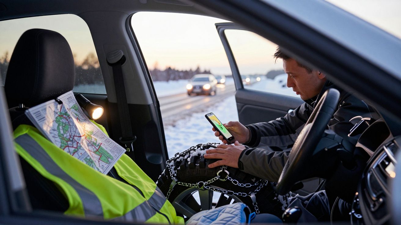 Homem dentro de um carro estacionado na estrada gelada, verifica o telemóvel com correntes e colete refletor ao lado.