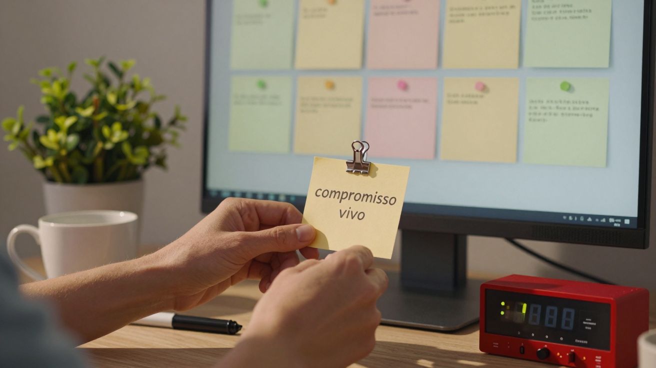 Pessoa segura nota amarela com "compromisso vivo", com tela de computador ao fundo e planta ao lado.