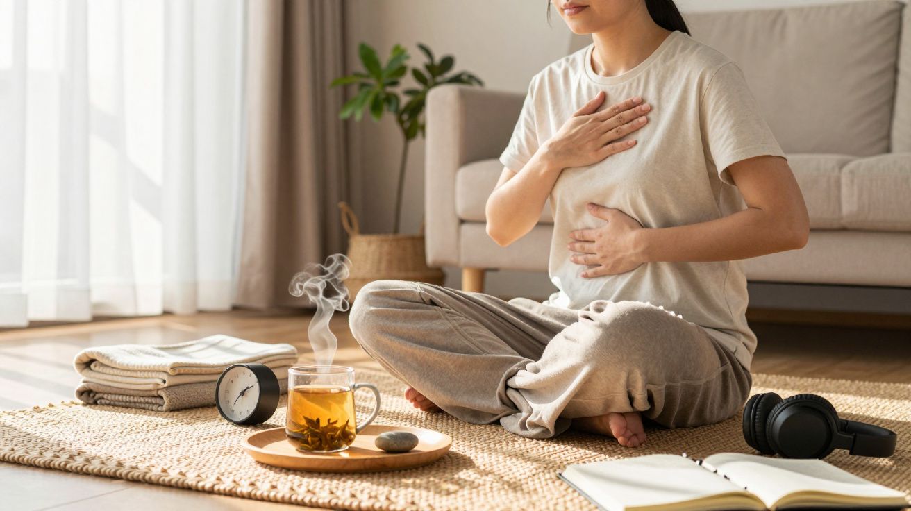 Mulher meditando numa sala, sentada no tapete com chá e livros.