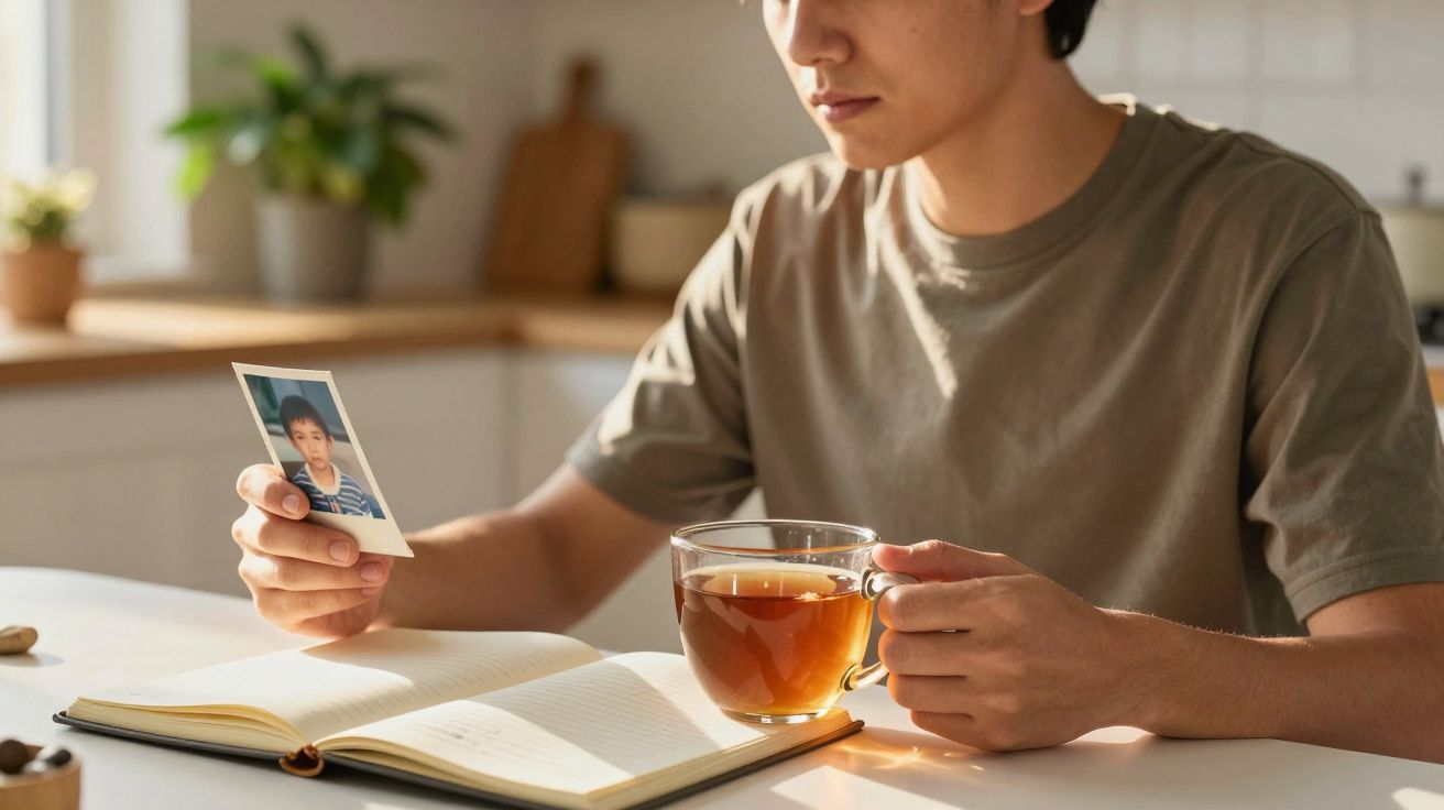 Homem sentado à mesa com chá, segurando uma foto em uma mão e um caderno aberto na outra.