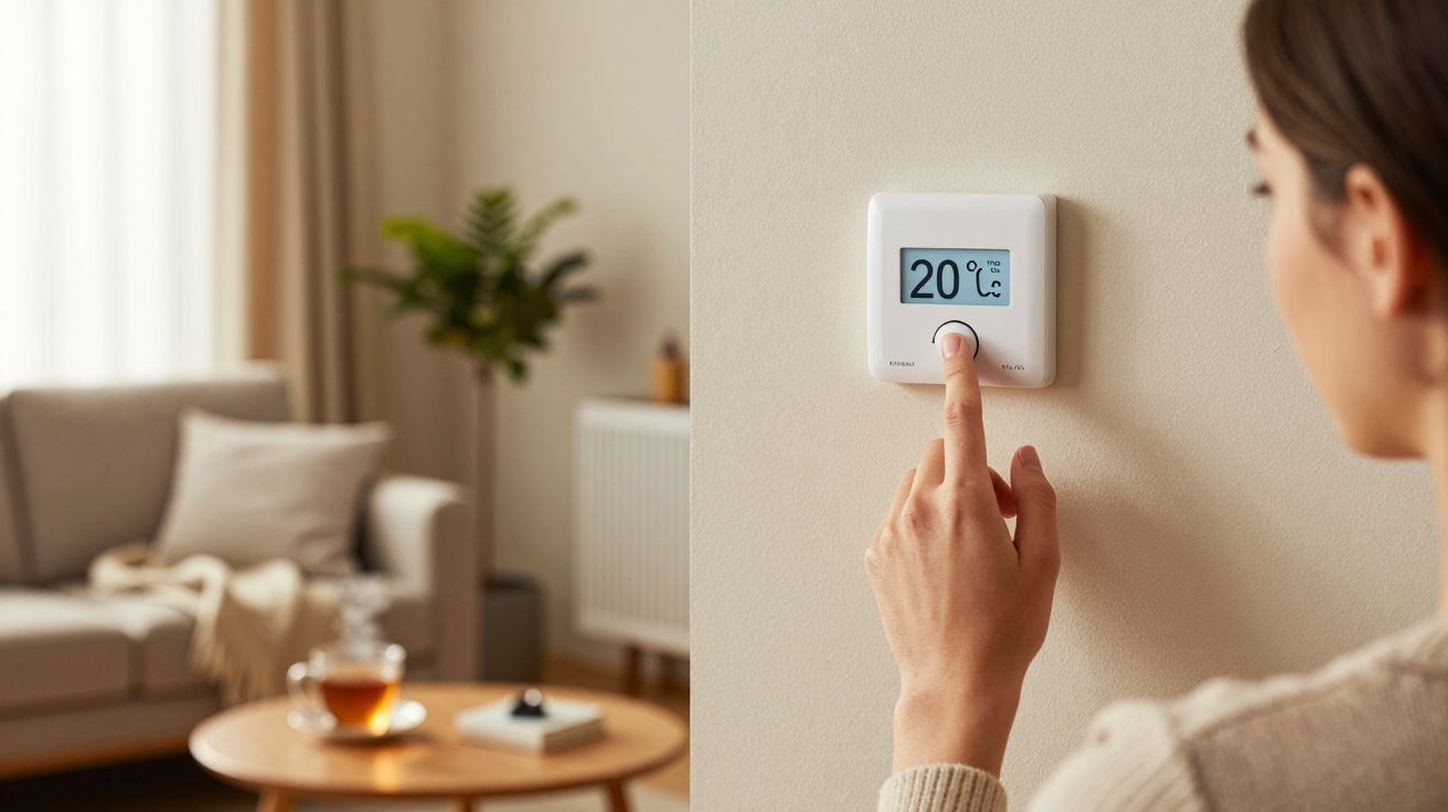Mulher ajusta termostato digital na parede da sala, configurado para 20 graus Celsius.