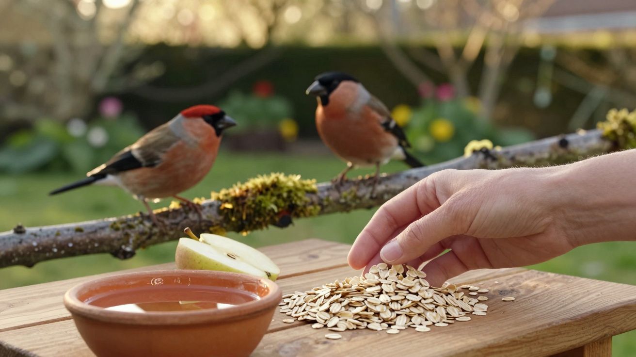Dois pássaros num galho perto de uma mão espalhando sementes numa mesa com maçã e uma tigela de água.