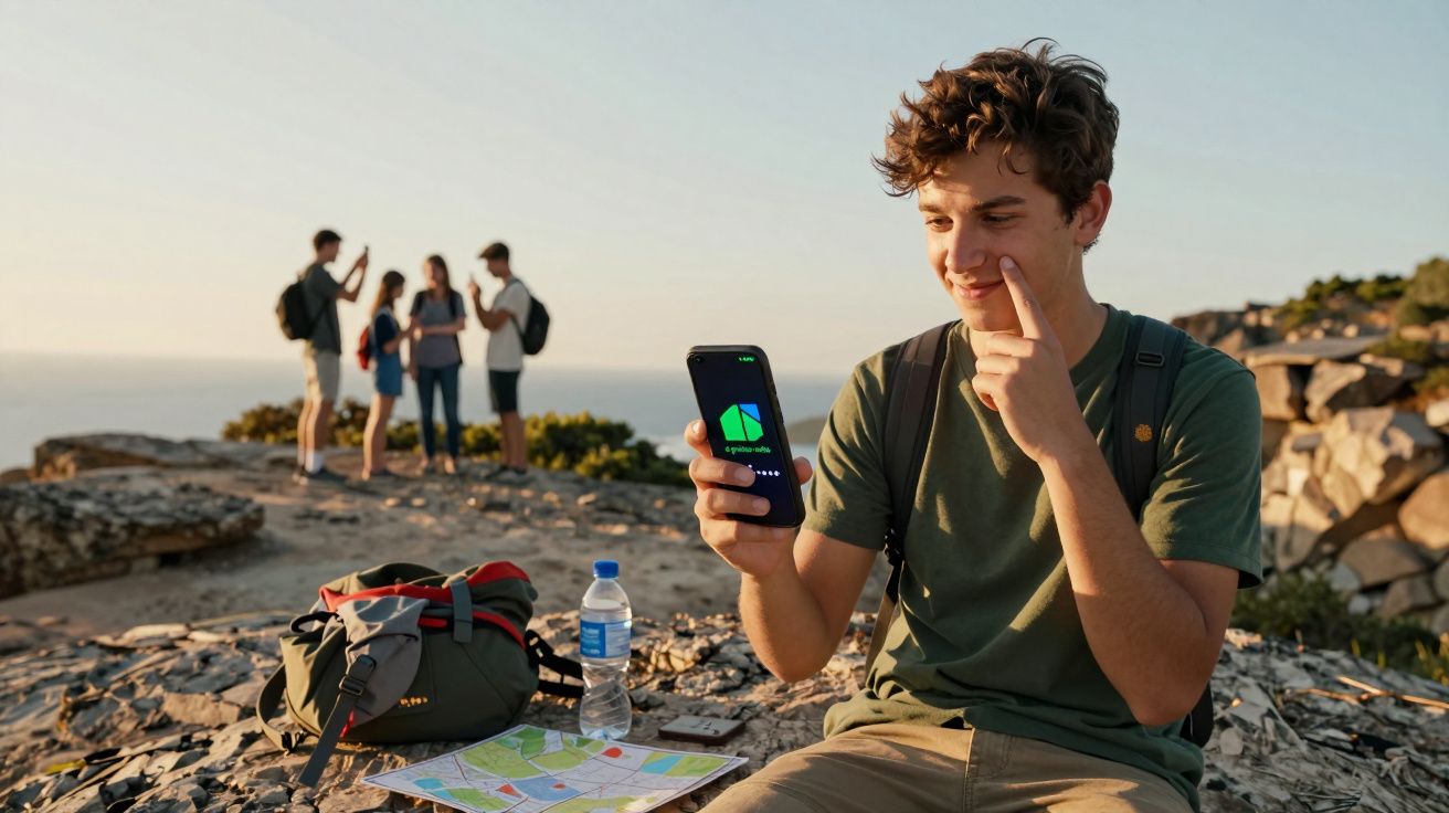 Jovem sentado em rochas com telemóvel, mochila, garrafa de água e mapa, enquanto amigos conversam ao fundo.