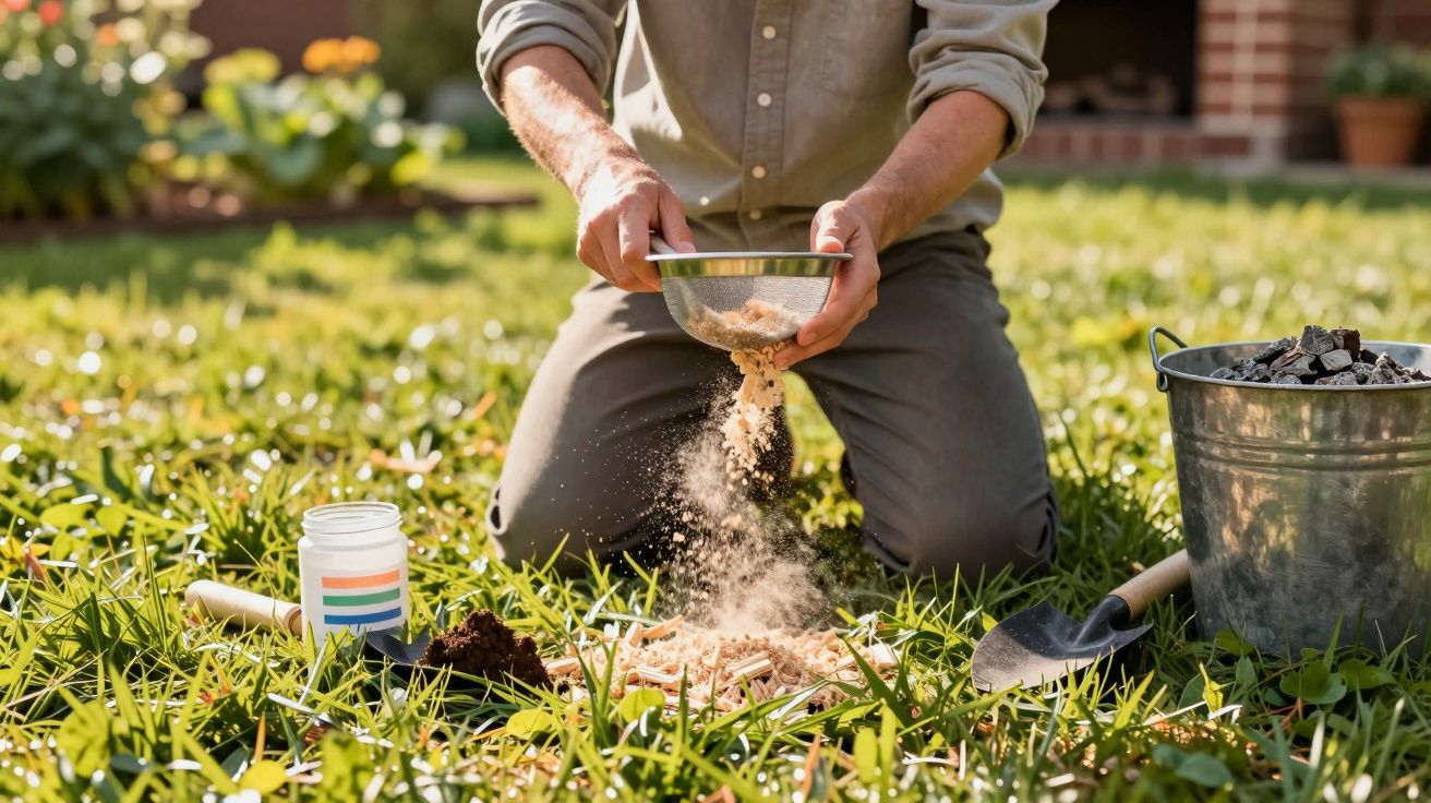 Pessoa a peneirar solo num jardim, rodeada de ferramentas de jardinagem e um balde de metal.