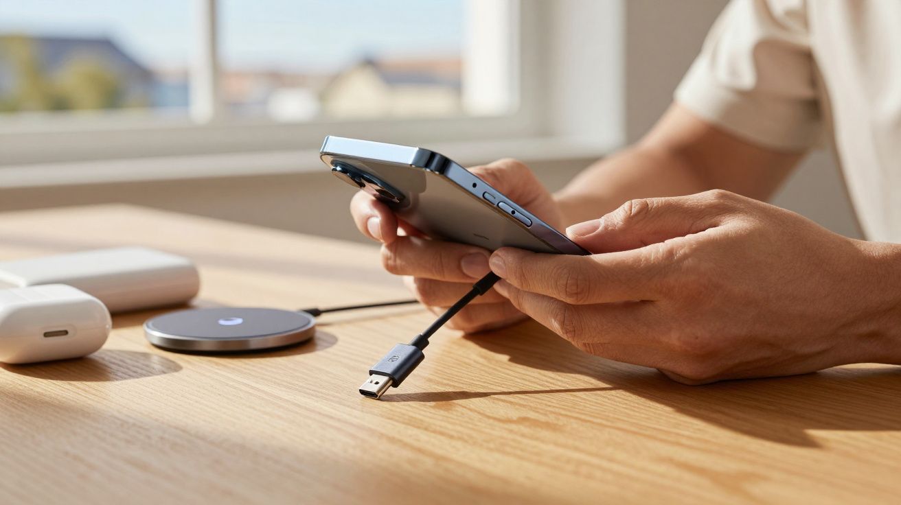 Pessoa a segurar um smartphone ligado a um cabo USB numa mesa de madeira, ao lado de acessórios tecnológicos.