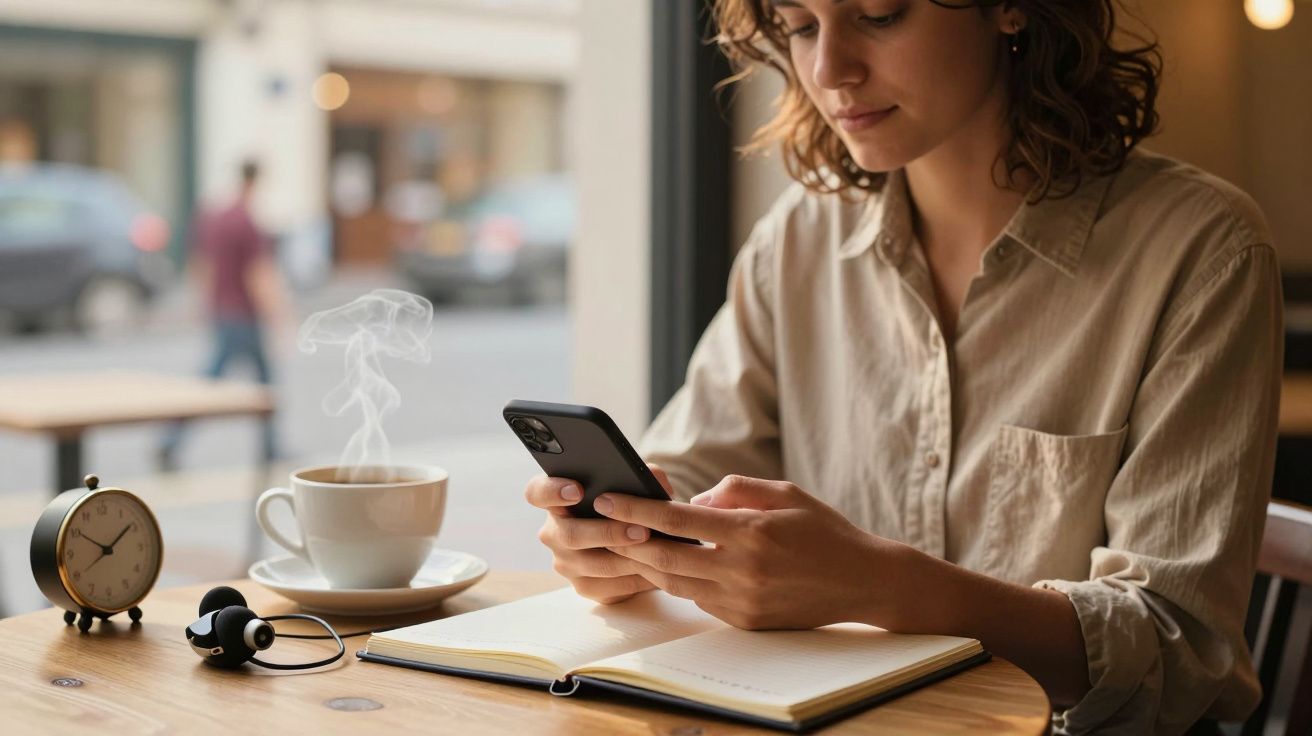 Mulher sentada à mesa, segurando um telemóvel, com agenda aberta, chávena de café e relógio ao lado.